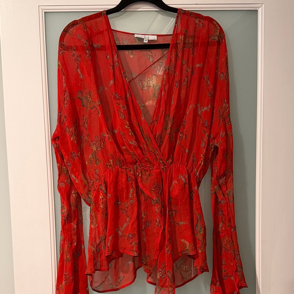IRO Red Sheer Floral Blouse with Built-in Camilsole